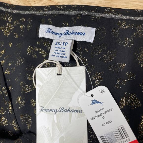 Tommy Bahama NWT Menai Mambo Midi Dress Size XS Black Gold Ruffle Sleeve No Sash - Picture 6 of 13